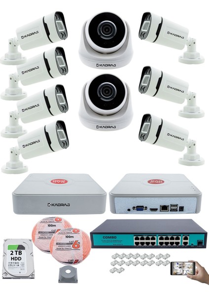 Ip Güvenlik Kamera Seti - 2 iç Mekan Ip Kamera, 7 dış Mekan Ip Kamera, 2tb H.d.d, 16 kanal Nvr, Gece Görüş, Uzaktan Izleme, Hareket Tabiki, Insan Tesp