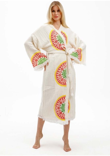 Ekru Renk Taş Baskı Kimono Kaftan