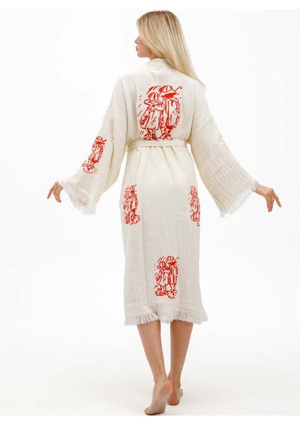 Ekru Renk Taş Baskı Kimono Kaftan