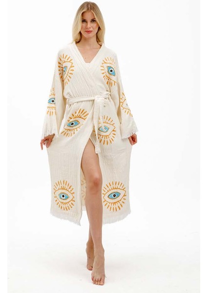 Ekru Renk Taş Baskı Kimono Kaftan