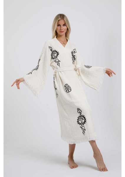 Ekru Renk Taş Baskı Kimono Kaftan