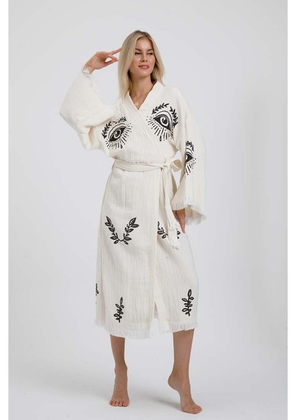 Ekru Renk Taş Baskı Kimono Kaftan