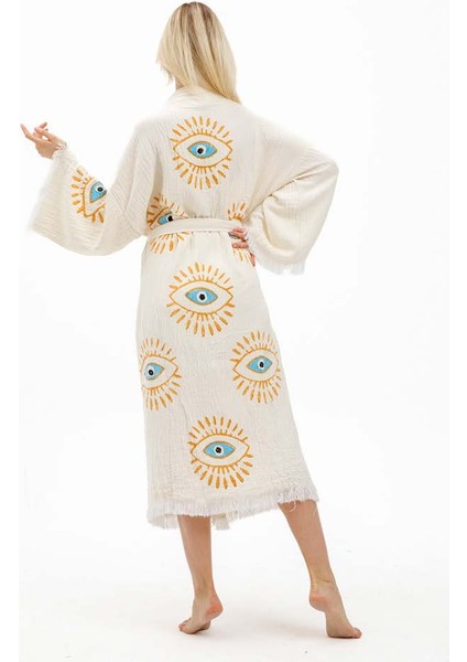 Ekru Renk Taş Baskı Kimono Kaftan