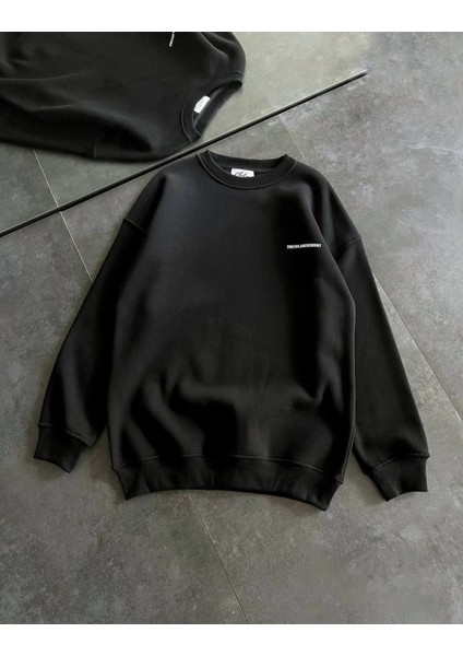 Kışlık Bisiklet Yaka Oversize Baskılı Sweatshirt - Siyah