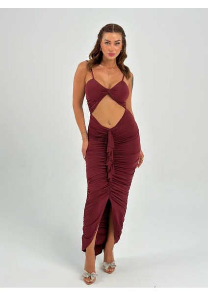 Premium Vücuda Oturan Örme Büzgülü Özel Dekolte Detaylı abiye elbise