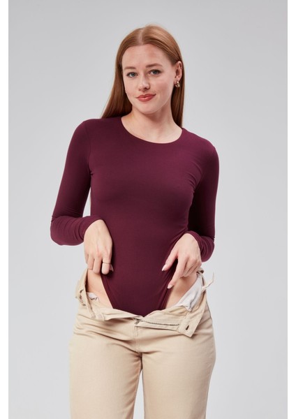 Bordo Astarlı Uzun Kollu Çıtçıtlı Body