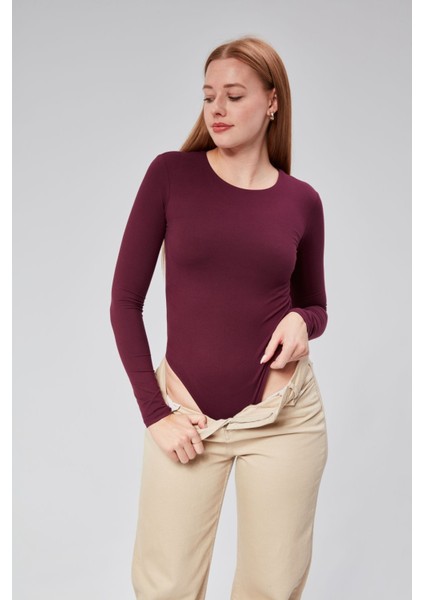 Bordo Astarlı Uzun Kollu Çıtçıtlı Body