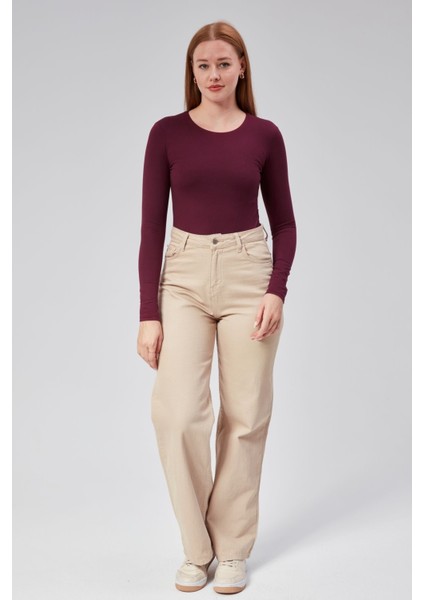 Bordo Astarlı Uzun Kollu Çıtçıtlı Body