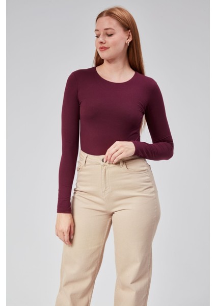 Bordo Astarlı Uzun Kollu Çıtçıtlı Body