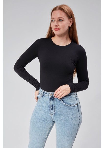 Siyah Astarlı Uzun Kollu Çıtçıtlı Body