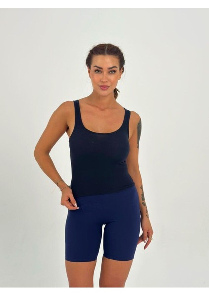 Kadın Lacivert Kaşkorse Kumaş Geniş Askılı Crop Bluz