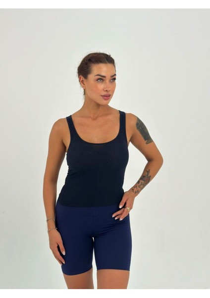Kadın Lacivert Kaşkorse Kumaş Geniş Askılı Crop Bluz