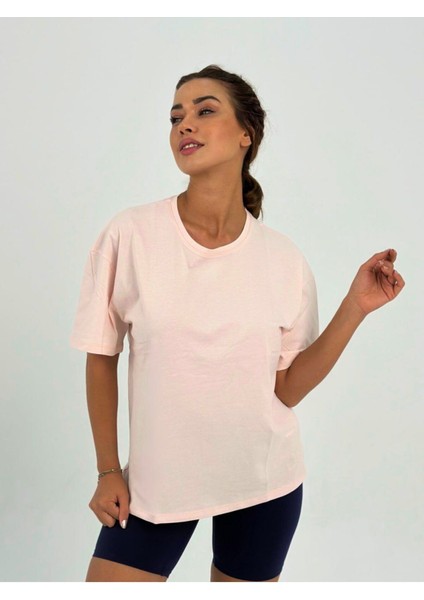 Kadın Pudra Baskısız Basıc Pamuklu Oversize T-Shirt
