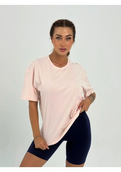 Kadın Pudra Baskısız Basıc Pamuklu Oversize T-Shirt
