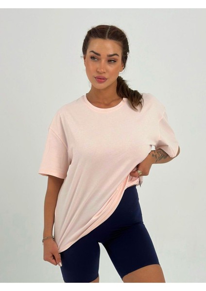 Kadın Pudra Baskısız Basıc Pamuklu Oversize T-Shirt