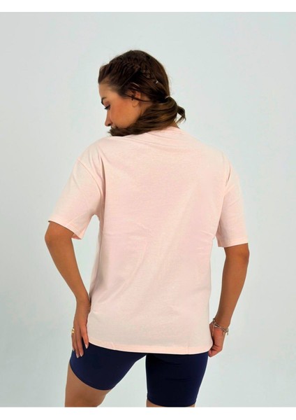 Kadın Pudra Baskısız Basıc Pamuklu Oversize T-Shirt