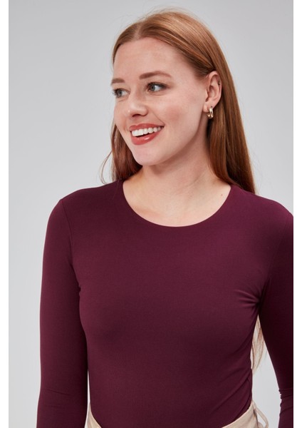 Bordo Astarlı Uzun Kollu Çıtçıtlı Body
