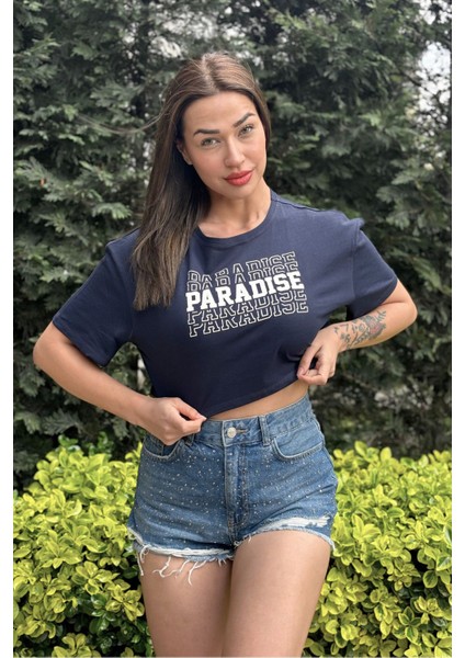 Kadın Lacivert Bisiklet Yaka Baskılı Oversize Crop T-Shirt