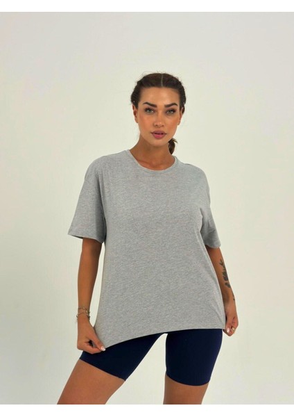 Kadın Koyu Gri Baskısız Basıc Pamuklu Oversize T-Shirt modelleri
