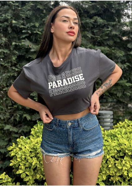 Kadın Antrasit Bisiklet Yaka Baskılı Oversize Crop T-Shirt