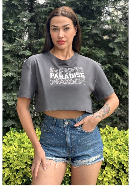 Kadın Antrasit Bisiklet Yaka Baskılı Oversize Crop T-Shirt fiyatları