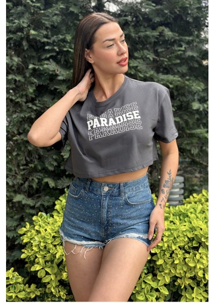 Kadın Antrasit Bisiklet Yaka Baskılı Oversize Crop T-Shirt modelleri
