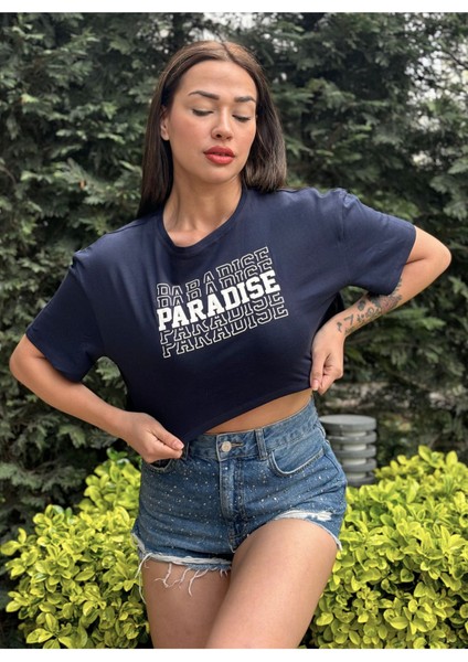 Kadın Lacivert Bisiklet Yaka Baskılı Oversize Crop T-Shirt