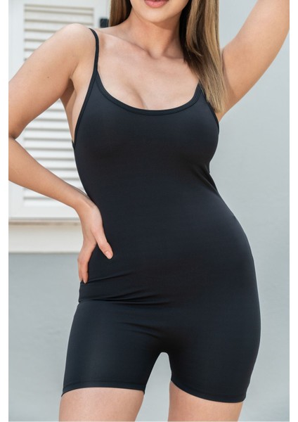 Vücüda Oturan Kadın Spor Şort Tulum / Toparlayıcı Askılı Spor Tulum Body Tayt Tulum