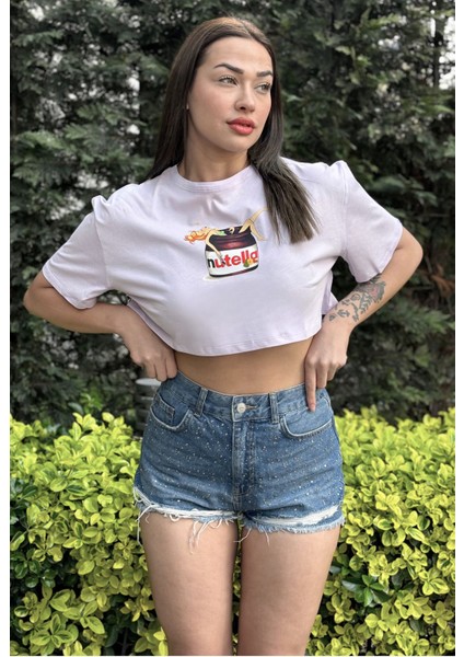 Kadın Lila Bisiklet Yaka Baskılı Oversize Crop T-Shirt