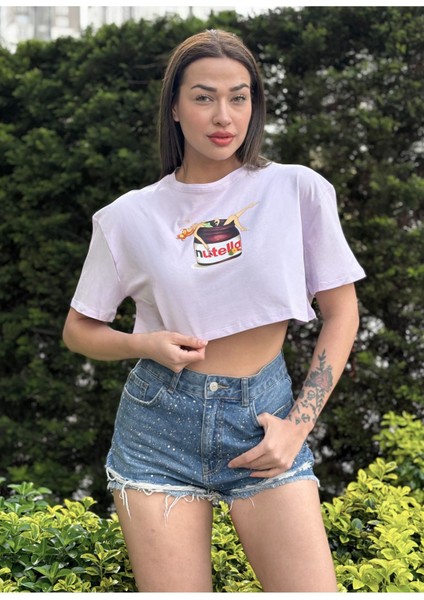 Kadın Lila Bisiklet Yaka Baskılı Oversize Crop T-Shirt modelleri