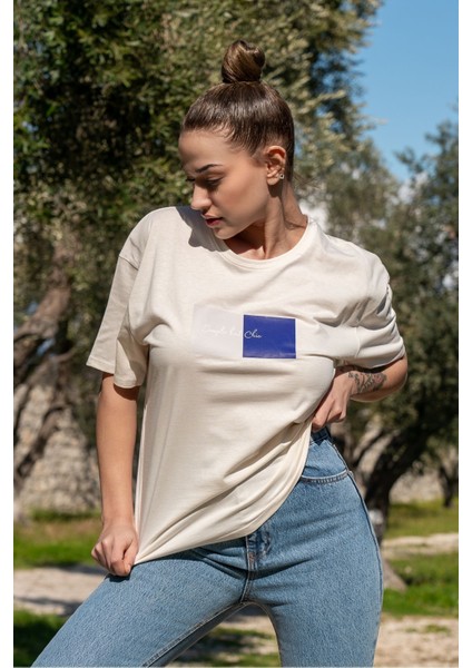 Kadın Oversize Fit Bisiklet Yaka Baskılı Kısa Kollu T-Shirt
