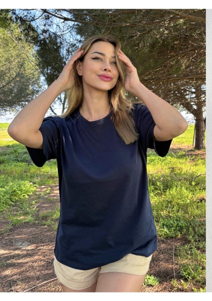Kadın Baskısız Basic Pamuklu Oversize Tişört