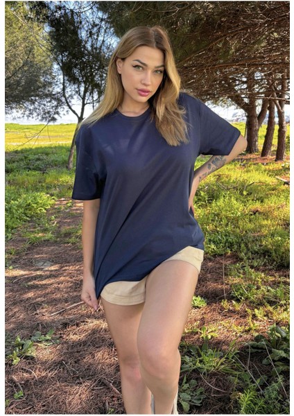 Kadın Baskısız Basic Pamuklu Oversize Tişört