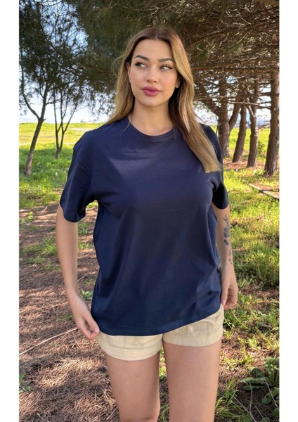 Kadın Baskısız Basic Pamuklu Oversize Tişört