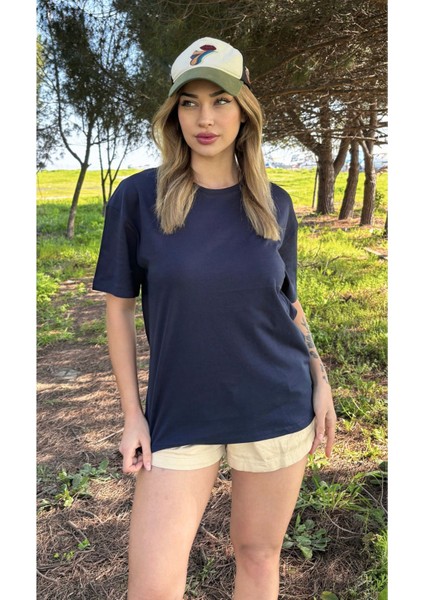 Kadın Baskısız Basic Pamuklu Oversize Tişört