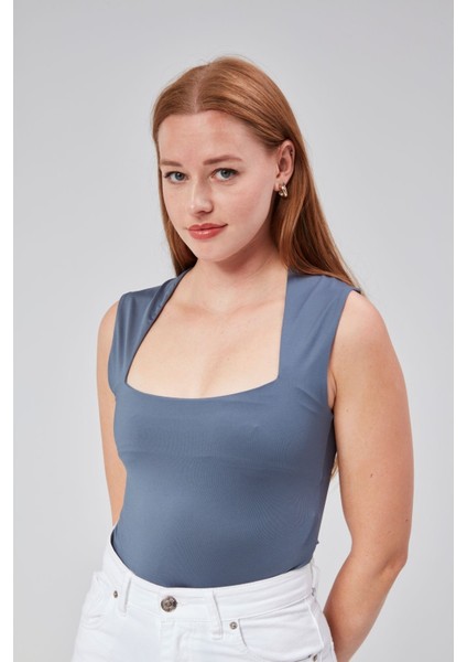 Antrasit Astarlı Sıfır Kol Kare Yaka Dekolteli Çıtçıtlı Bodysuit