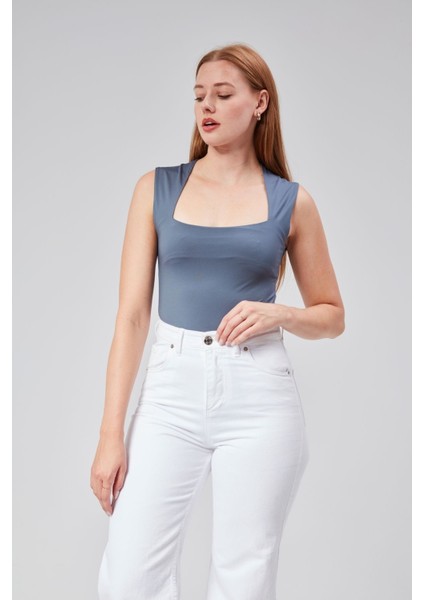 Antrasit Astarlı Sıfır Kol Kare Yaka Dekolteli Çıtçıtlı Bodysuit