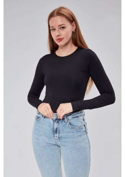 Siyah Astarlı Uzun Kollu Çıtçıtlı Body