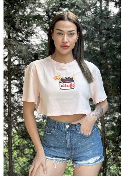Kadın Pembe Bisiklet Yaka Baskılı Oversize Crop T-Shirt