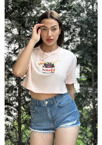 Kadın Pembe Bisiklet Yaka Baskılı Oversize Crop T-Shirt