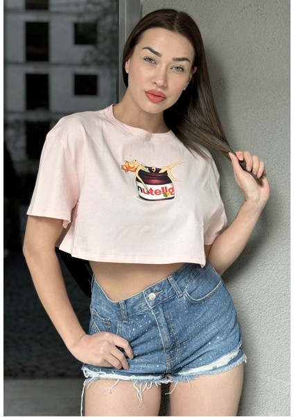Kadın Pembe Bisiklet Yaka Baskılı Oversize Crop T-Shirt