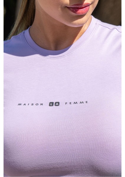 Kadın Lila Dar Kalıp Slim Fit Baskılı Kısa Kollu T-Shirt