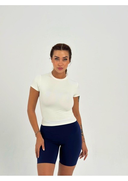 Ekru Fitted/vücuda Oturan Crop T-Shirt