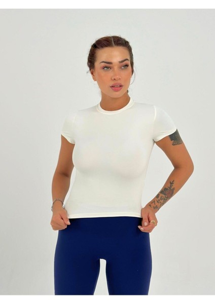 Ekru Fitted/vücuda Oturan Crop T-Shirt