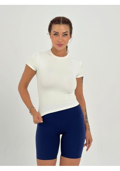 Ekru Fitted/vücuda Oturan Crop T-Shirt