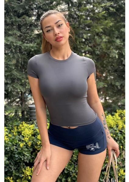 Antrasit Fitted/vücuda Oturan Crop T-Shirt