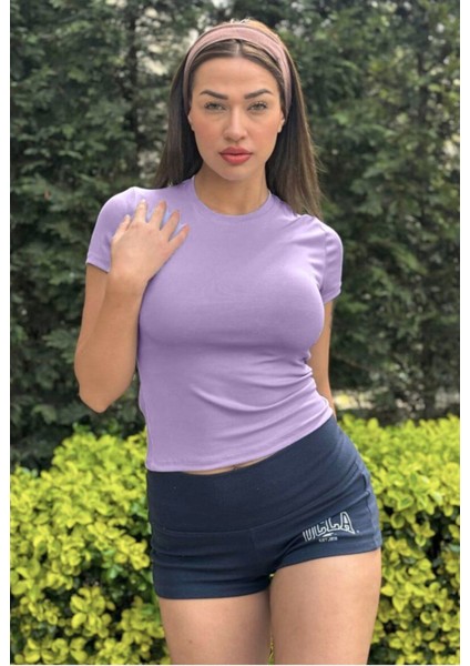 Kadın Lila Fitted/vücuda Oturan Crop T-Shirt