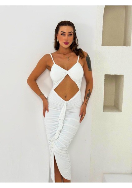 Premium Vücuda Oturan Örme Büzgülü Özel Dekolte Detaylı abiye elbise
