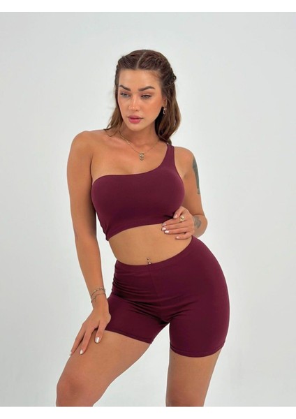 Kadın Bordo Tek Omuz Detaylı Şort Crop Takım