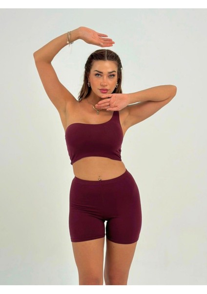 Kadın Bordo Tek Omuz Detaylı Şort Crop Takım